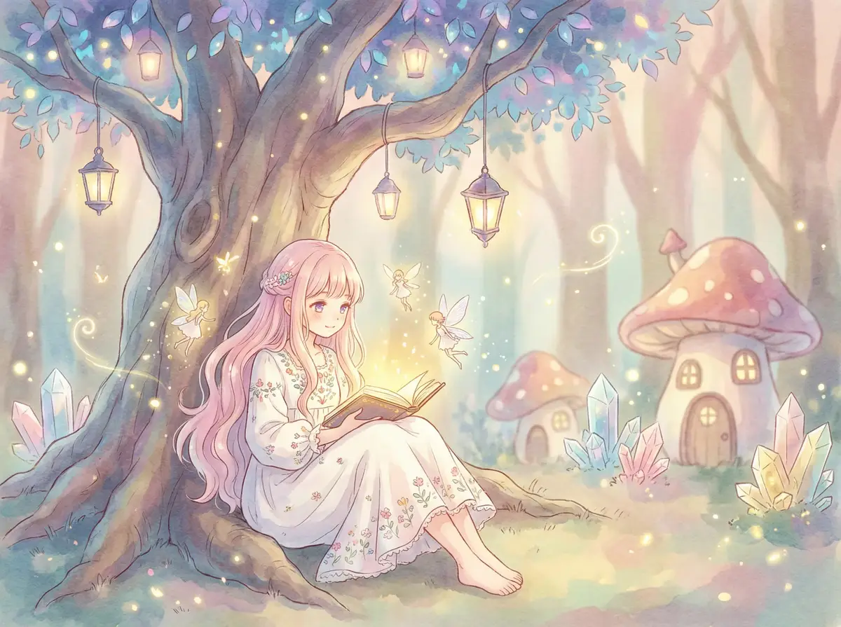 萝莉写真 - 魔法森林中阅读故事书的粉发少女与精灵